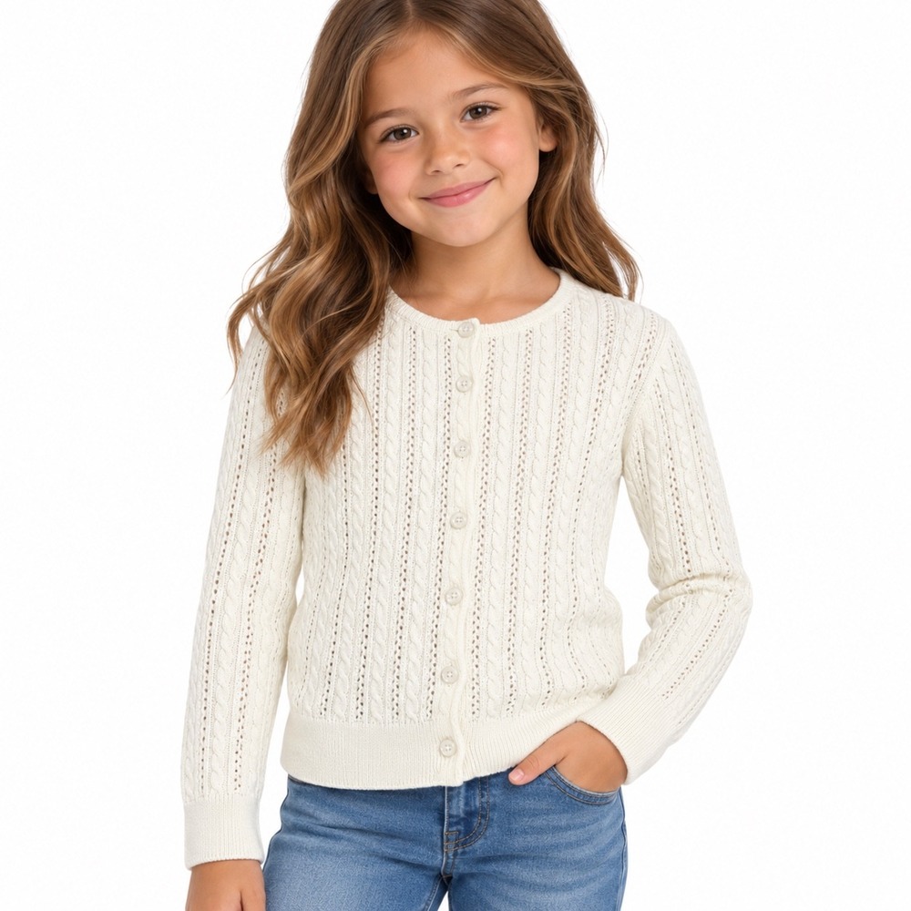 Nordstrom ivory Pointelle Cable Knit Cardigan Sweater Crew Neck Size L 10/12